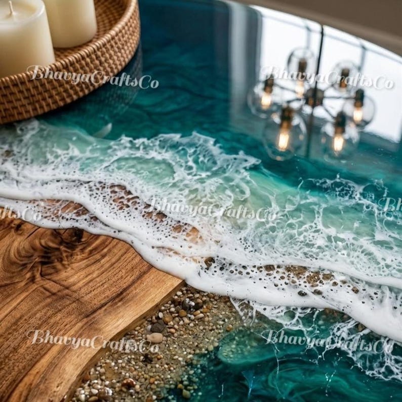 Ocean Wave Epoxy Coffee Table, Live Edge Wood Resin River Dining ...