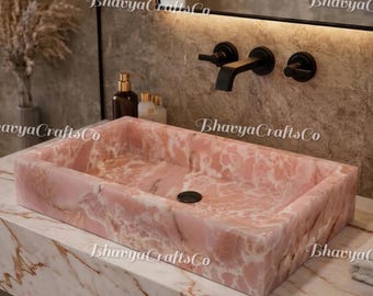 Pink Onyx Stone Vessel Sink – Rectangular Handmade Natural Bathroom Basin
