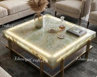 Luxurious Green Onyx Square Coffee Table – Backlit Natural Gemstone Centerpiece
