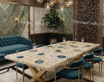 Tablero de mesa de comedor de ágata blanca, incrustaciones de ágata azul, muebles de piedras preciosas, tablero de conferencia de cristal natural