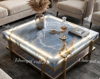 Blue Onyx Coffee Table, Square Natural Gemstone Centerpiece, Modern Luxury Living Room Furniture