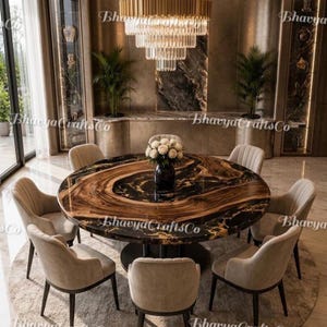 Op de afbeelding: Een ronde eettafel met een uniek houtnerfpatroon in bruin- en zwarttinten, omringd door zes beige gestoffeerde stoelen. Een zwarte vaas met witte bloemen staat in het midden. De kamer heeft een grote kroonluchter en de tekst "BhavyaCraftsCo".