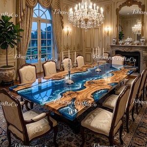 May include: A large, rectangular dining table with a blue resin river design and natural wood edges. The table is surrounded by cream-colored chairs. The room features a chandelier, a fireplace, and the text "BhavyaCraftsCo".