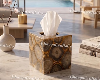 Funda para caja de pañuelos de ágata marrón – Soporte de piedra natural hecho a mano, elegante decoración para el tocador del baño.