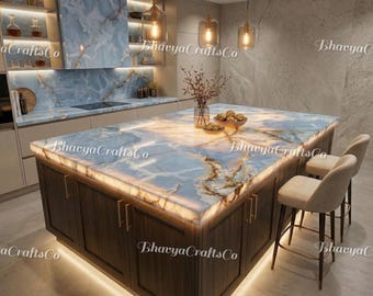 Plan de travail fait main en onyx bleu, îlot de cuisine en pierre naturelle, surface intérieure de luxe, dalle sur mesure