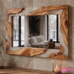 Live Edge Burl Wood Mirror with White Epoxy Resin, Organic Modern Wall Art, Large Rectangular Vanity Mirror