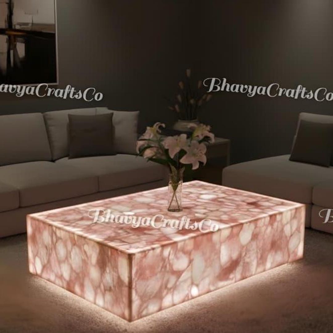 Backlit Pink Agate Coffee Table, Luxury Rose Quartz Center Table ...