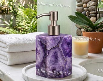 Dispensador de jabón de ágata púrpura, decoración de baño de cristal de amatista hecha a mano, bomba de piedra geoda