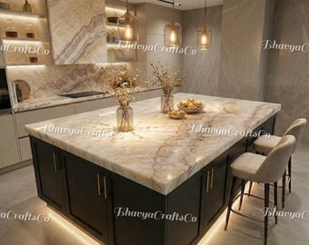 Comptoir fait main en onyx crème - Îlot de cuisine de luxe en pierre naturelle, dalle rétro-éclairée