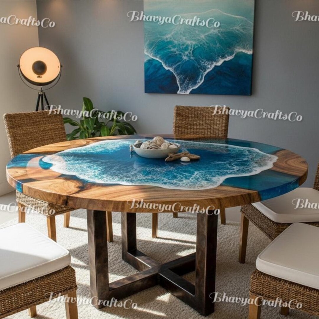 Round Olive Wood Resin Dining Table, Blue Epoxy Ocean River, Live Edge ...
