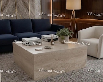 Table basse carrée en travertin faite main, table centrale minimaliste en pierre naturelle