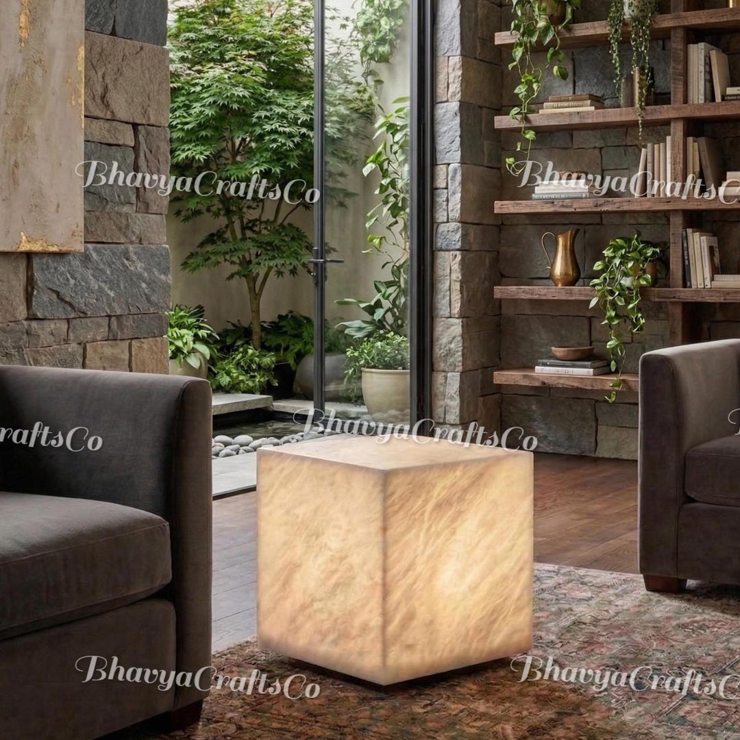 Backlit Alabaster Cube Side Table, Natural Stone Ambient Nightstand - Etsy