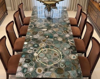Handgemaakte groene agaat eettafel: luxe edelsteen aanrechtblad