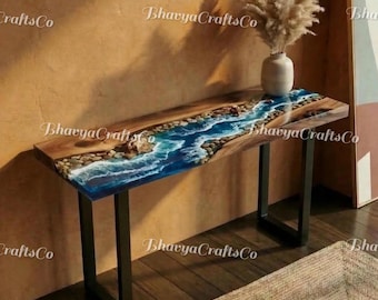 Live Edge Resin River Console Table, Coastal Ocean Wave Wood Furniture