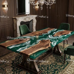 Emerald Green Epoxy River Dining Table, Live Edge Walnut, Ocean Wave Resin Furniture