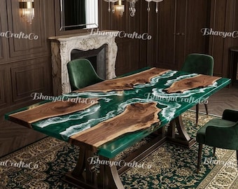 Emerald Green Epoxy River Dining Table, Live Edge Walnut, Ocean Wave Resin Furniture