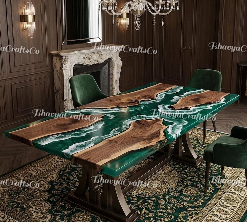 Emerald Green Epoxy River Dining Table, Live Edge Walnut, Ocean Wave Resin Furniture image 1