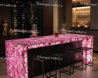Plan de travail en agate rose, plateau de bar rétroéclairé en pierres semi-précieuses, table à manger personnalisée