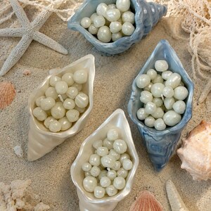 Peut inclure: Trois contenants en céramique en forme de coquillage remplis de petites sphères de cire blanc cassé ressemblant à des perles. Deux coquillages sont de couleur crème brillante et un est bleu marbré. Chaque contenant possède une mèche centrale.