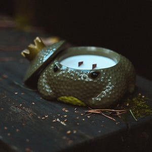 Grodljus med trävekar, handgjort sojavaxljus, Cottagecore-dekor, mysig höstgåva, handgjord gipsljusstake, höstljus