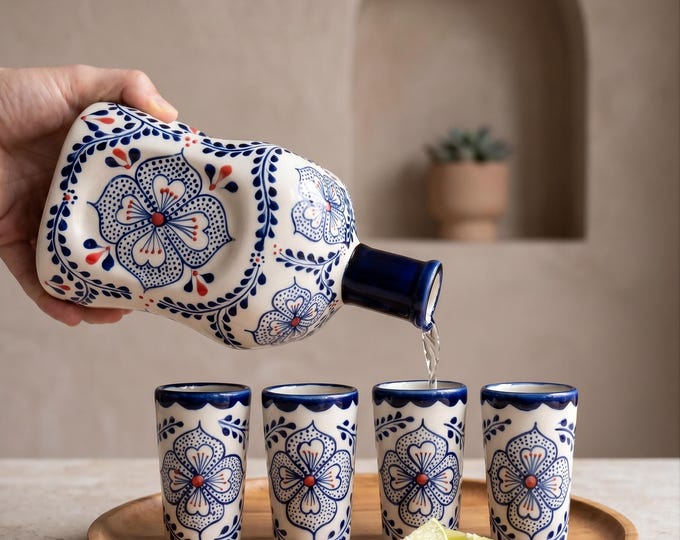 Talavera Tequila Decanter and Shot Glass Set, Hand Painted Ceramic Tequila Gifts, Made in Mexico