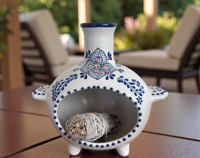 Ceramic Incense Burner, Handmade Talavera Chiminea, Blue White Incense Holder for Sage, Cones and Palo Santo