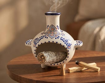 Palo Santo Holder, Talavera Incense Chimney, Blue White Ceramic Incense Burner for Sage and Cone Incense