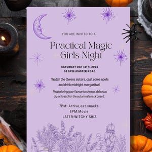 May include: A lilac-colored invitation for a "Practical Magic Girls Night" with text, stars, and a crescent moon illustration. The invitation includes event details, date, time, and a list of activities. Pumpkins and candles surround the invitation.