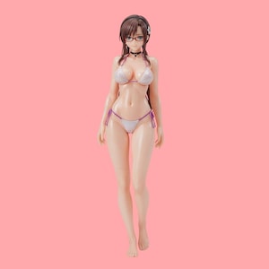 May include: A figurine of a woman wearing a white bikini with purple ties, a black choker, and glasses. The woman has brown hair and is standing on a pink background.