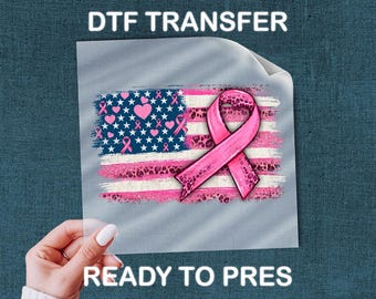 Breast Cancer Awareness DTF Transfer: Pink Ribbon with USA Flag