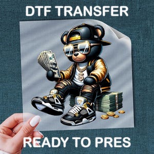 Urban Teddy Bear DTF Transfer, Money and Gold Coins