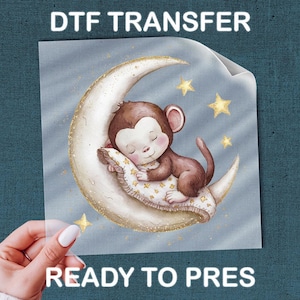 Sleeping Baby Monkey Moon DTF Transfer, Baby Room Celestial Jungle Print