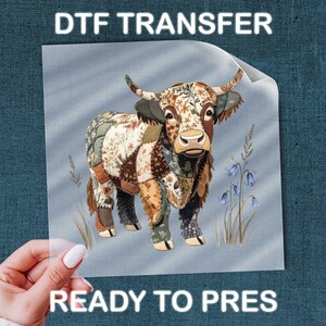 Rustic Patchwork Cow DTF Transfer, Floral Highland Animal Art