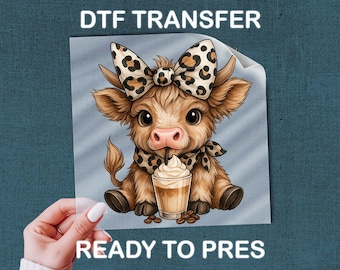 Leopard Bow Cow DTF Transfer, Coffee Drink Design (Custom Size Available)