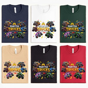 six t-shirts with the same design featuring monster trucks.