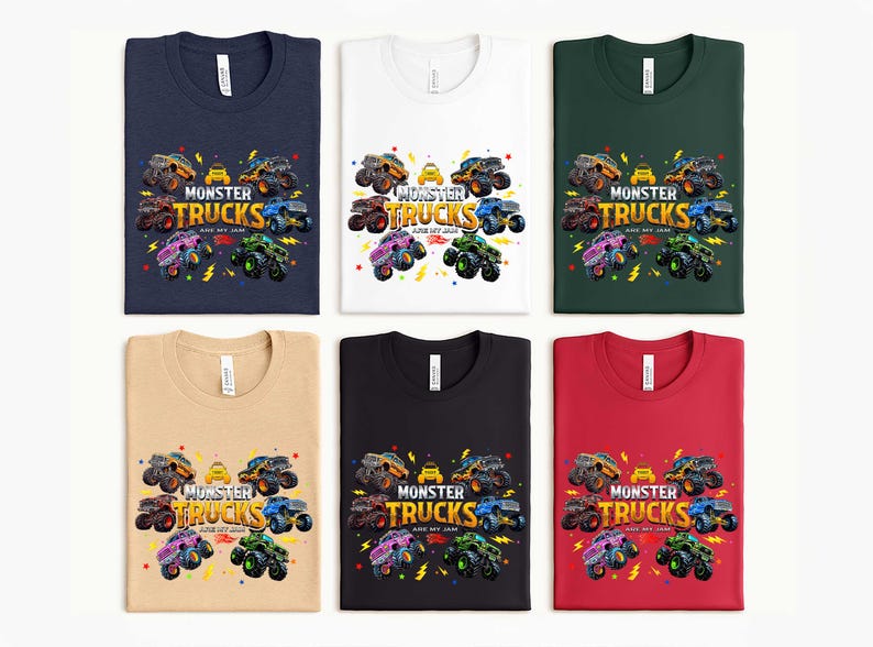 six t-shirts with the same design featuring monster trucks.