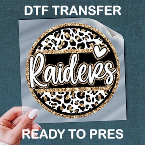 Raiders Mascot DTF Transfer, Leopard Print Heart School Spirit Iron On Decal