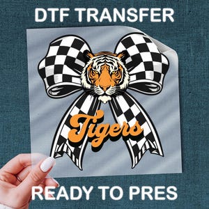 Tiger Bow DTF Transfer, Checkered Mascot Spirit Apparel Heat Press Design