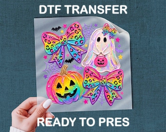 Rainbow Bow Ghost DTF Transfer, Preppy Halloween Pumpkin Apparel Print Ready To Press