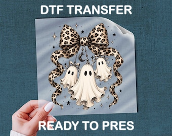 Leopard Bow Ghost Ready To Press DTF, Coquette Halloween DTF Transfer, Ghost Trio Dtf Print, Girly Spooky Season Iron On Transfer