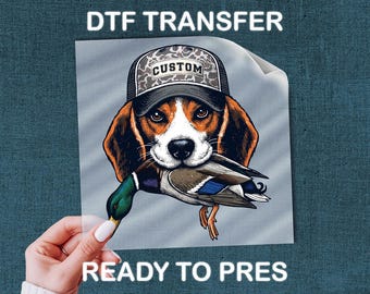 Beagle Dog DTF Transfer, Camo Hat Mallard Duck Hunter Graphic Art