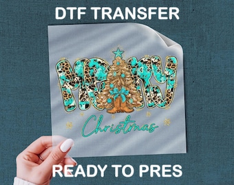 Western Turquoise Leopard Christmas Tree DTF Transfer, Cowgirl Holiday Wear Ready To Press