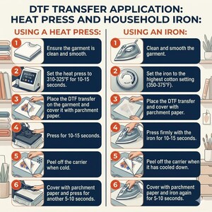 The image is a step-by-step guide on how to use a heat press and an iron for transferring heat-sensitive materials, such as clothing or ironing paper. It provides instructions on setting the temperature, placing the transfer paper, pressing firmly, and covering the material with parched paper. The guide also includes illustrations of the heat press and iron, as well as the process of peeling off the carrier when the material has cooled down.