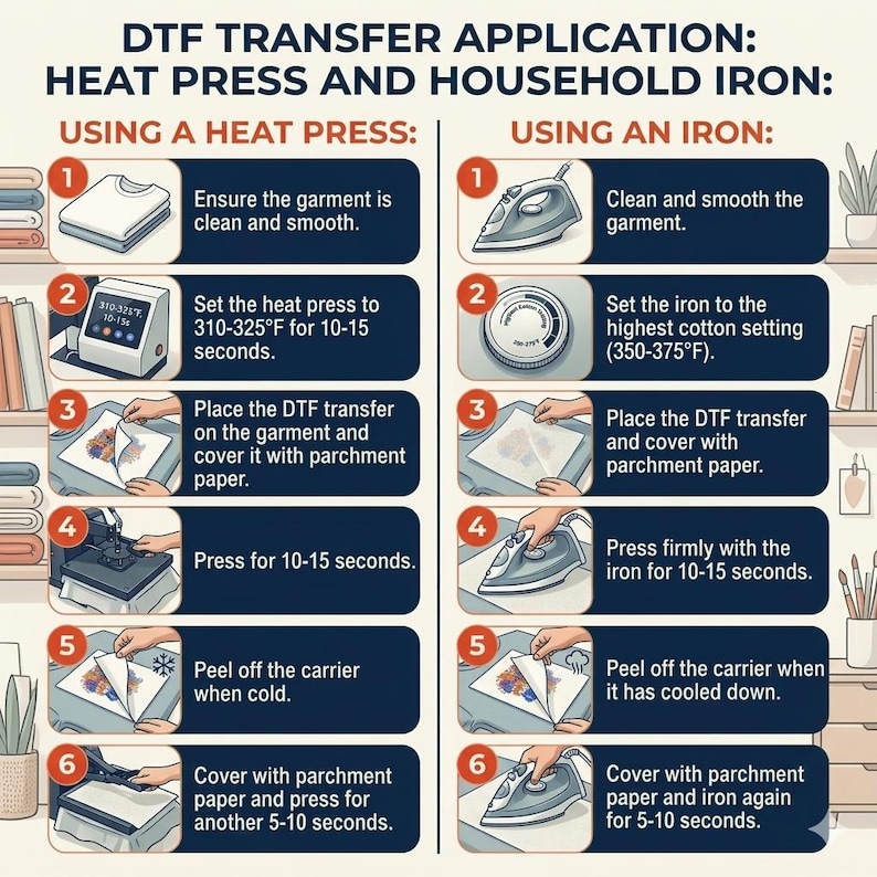 The image is a step-by-step guide on how to use a heat press and an iron for transferring heat-sensitive materials, such as clothing or ironing paper. It provides instructions on setting the temperature, placing the transfer paper, pressing firmly, and covering the material with parched paper. The guide also includes illustrations of the heat press and iron, as well as the process of peeling off the carrier when the material has cooled down.