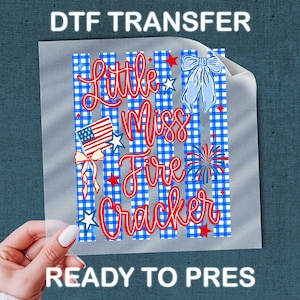 May include: A DTF transfer sheet featuring the text Little Miss Fire Cracker in red script. The design includes a blue and white gingham striped background, a small American flag, a blue bow, red and blue stars, and a firework graphic.