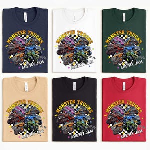 six t-shirts with a design featuring monster trucks and the text "MONSTER TRUCKS ARE MY JAM".