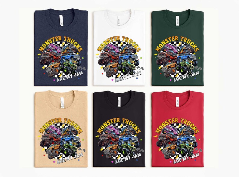 six t-shirts with a design featuring monster trucks and the text "MONSTER TRUCKS ARE MY JAM".