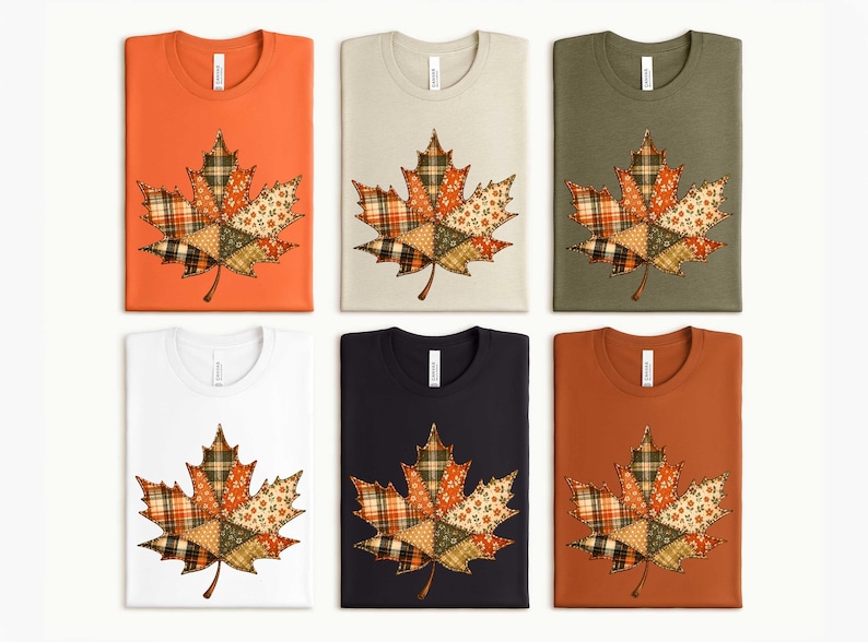 six T-shirts, each with a unique design featuring a leaf pattern. The leaf patterns are composed of various colors and patterns, creating a visually appealing and diverse collection of autumn-themed T-shirts.