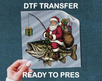 Santa On Bass DTF Transfer, Holiday Fishing Apparel Ready To Press Shirt