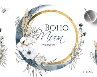 Boho Round Floral Frame with Blue Moon PNG
